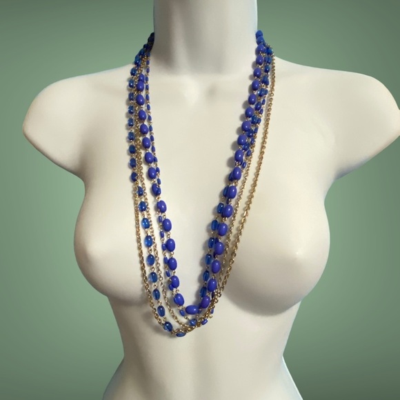 Cobalt Blue Acrylic Beads & Gold Chain Long Necklace - Picture 6 of 9